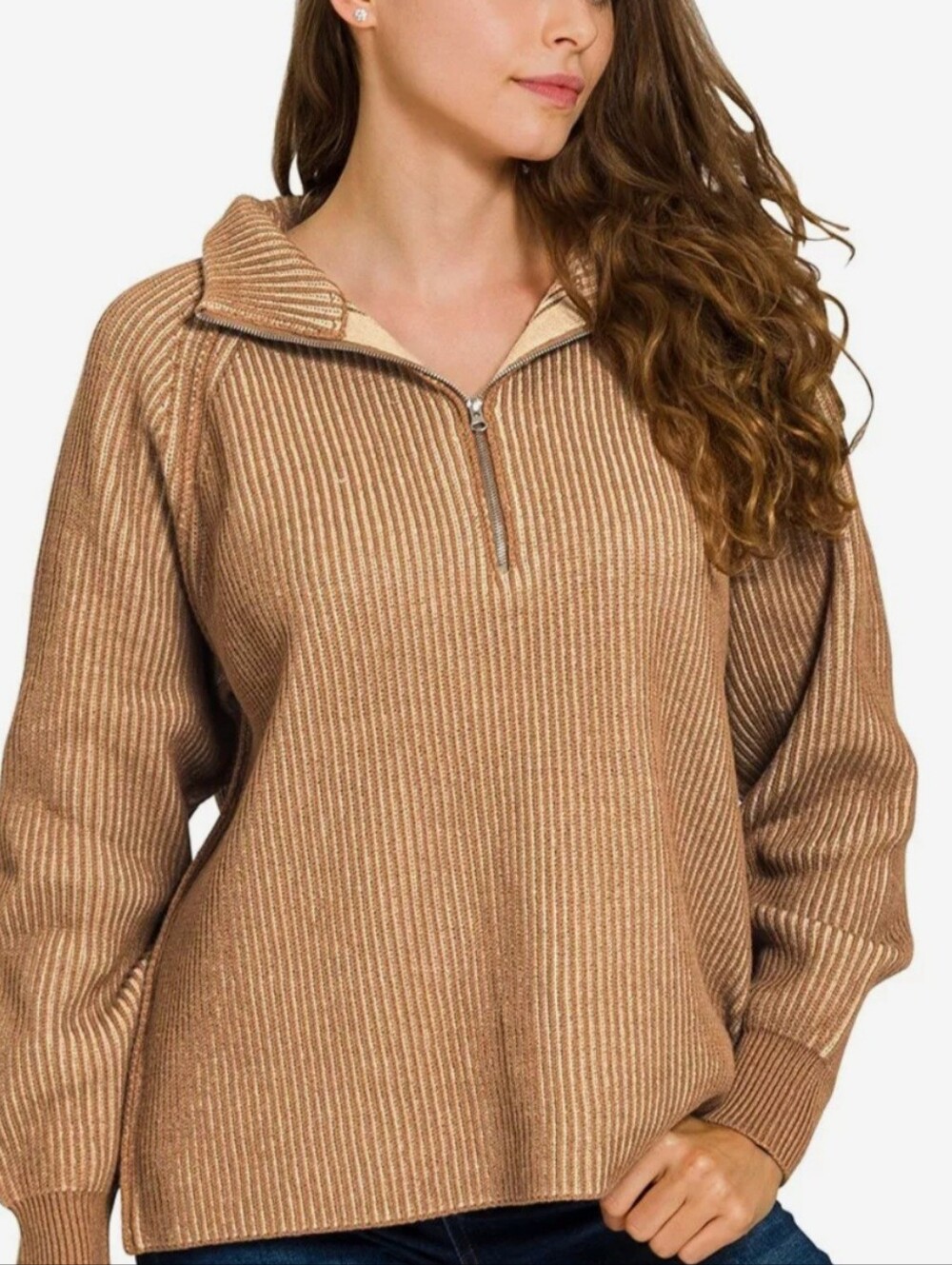 Zenana Ribbed Quarter Zip Sweater Pullover